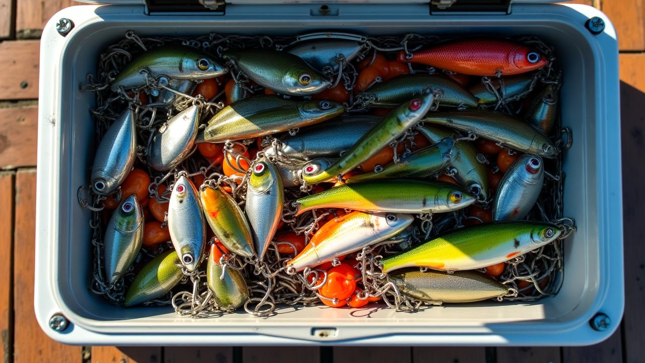 An organized top-down view of a colorful tackle box with high-end lures and fishing gear